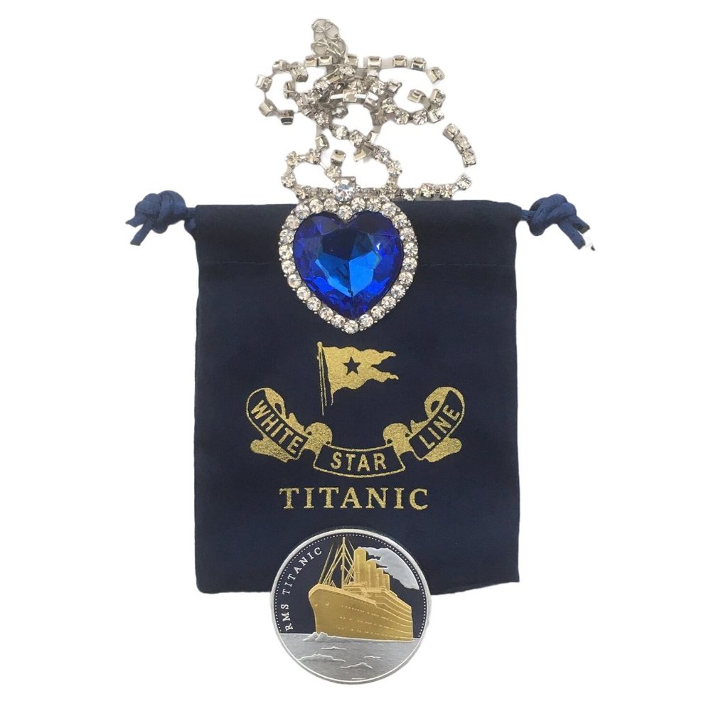 Titanic White Star Line Heart of the Ocean Necklace and Fake Gold Titanic Coin